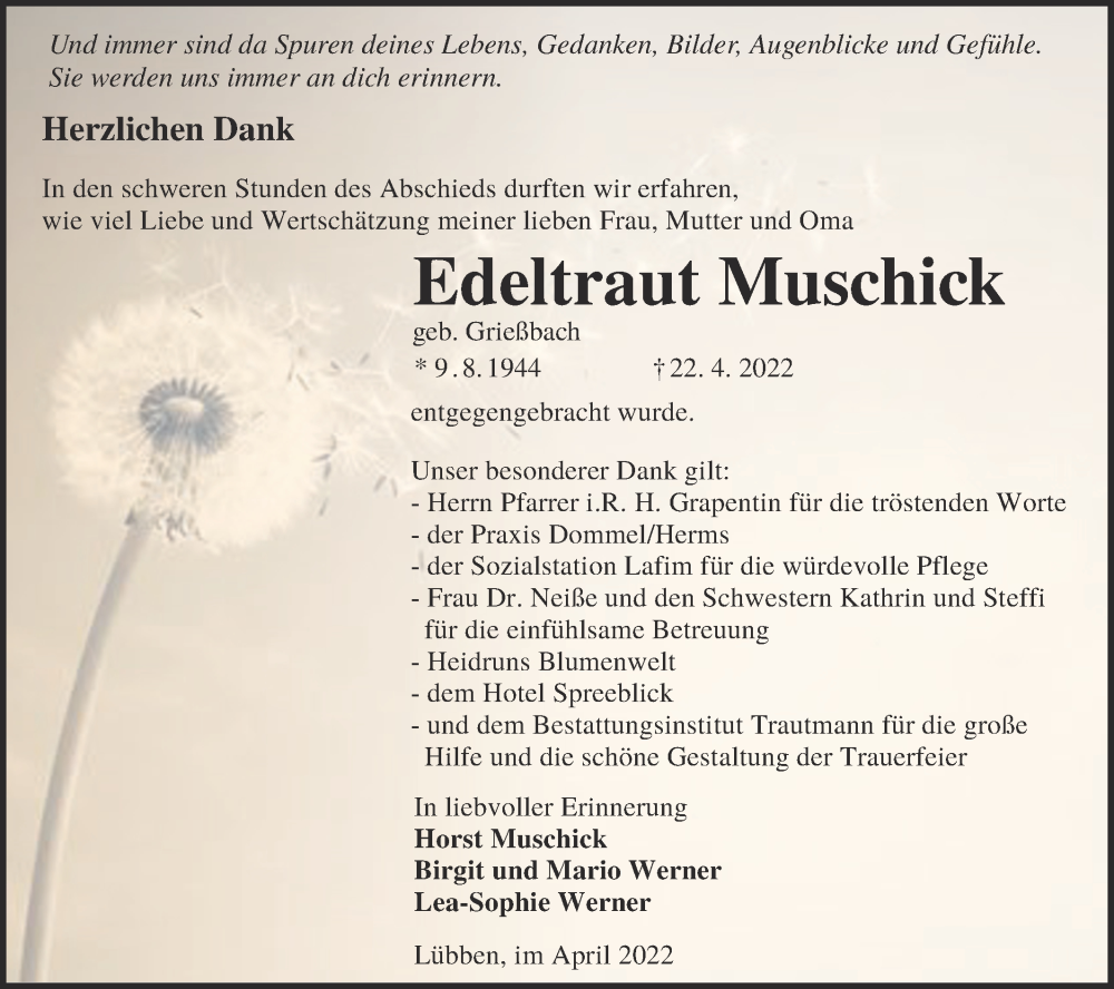 Traueranzeige für Edeltraut Muschick vom 07.05.2022 aus lausitzer_rundschau