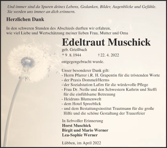 Traueranzeige von Edeltraut Muschick von lausitzer_rundschau