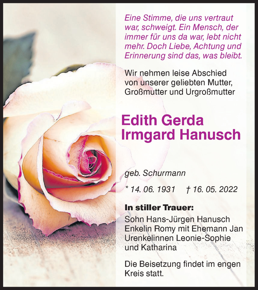  Traueranzeige für Edith Gerda Irmgard Hanusch vom 28.05.2022 aus lausitzer_rundschau