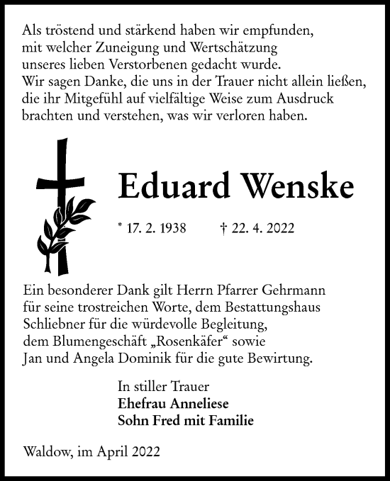Traueranzeige von Eduard Wenske von lausitzer_rundschau