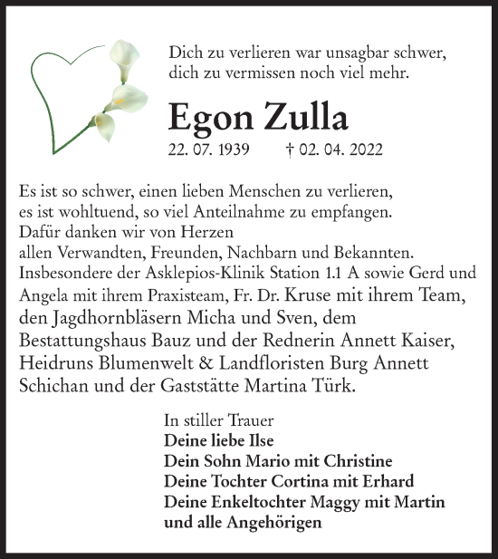 Traueranzeige von Egon Zulla von lausitzer_rundschau