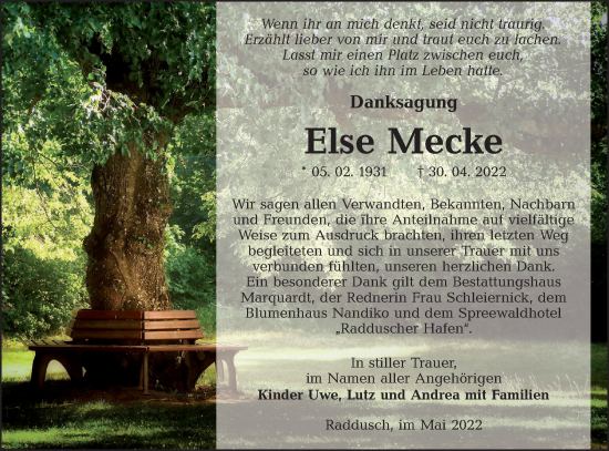 Traueranzeige von Else Mecke von lausitzer_rundschau