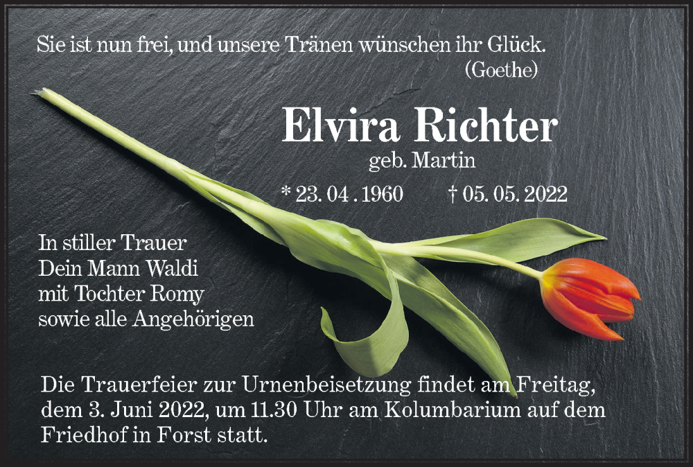  Traueranzeige für Elvira Richter vom 28.05.2022 aus lausitzer_rundschau