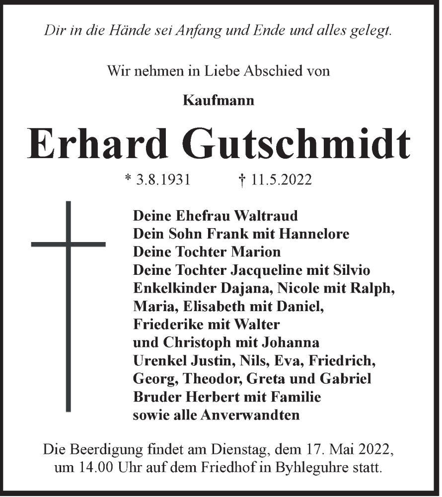  Traueranzeige für Erhard Gutschmidt vom 14.05.2022 aus lausitzer_rundschau