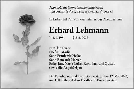 Traueranzeige von Erhard Lehmann von lausitzer_rundschau