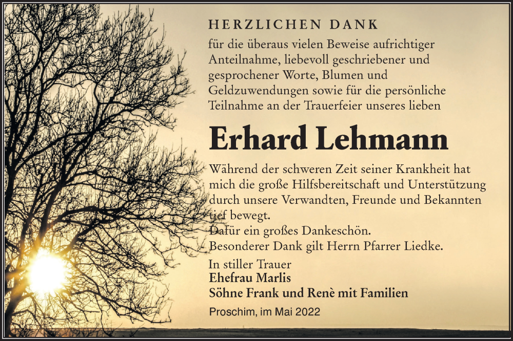  Traueranzeige für Erhard Lehmann vom 28.05.2022 aus lausitzer_rundschau