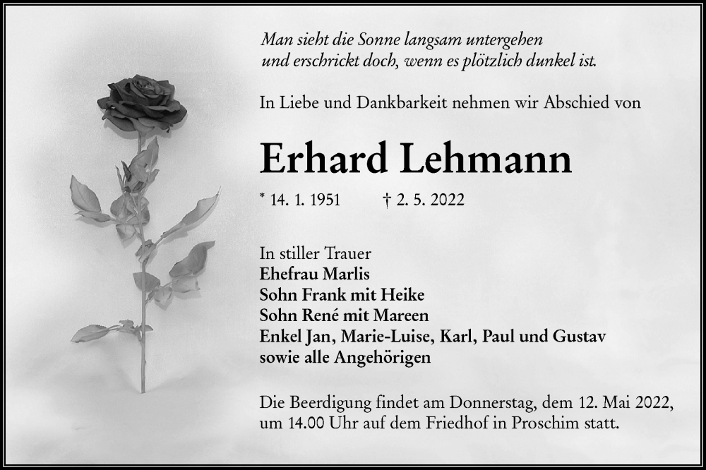  Traueranzeige für Erhard Lehmann vom 07.05.2022 aus lausitzer_rundschau