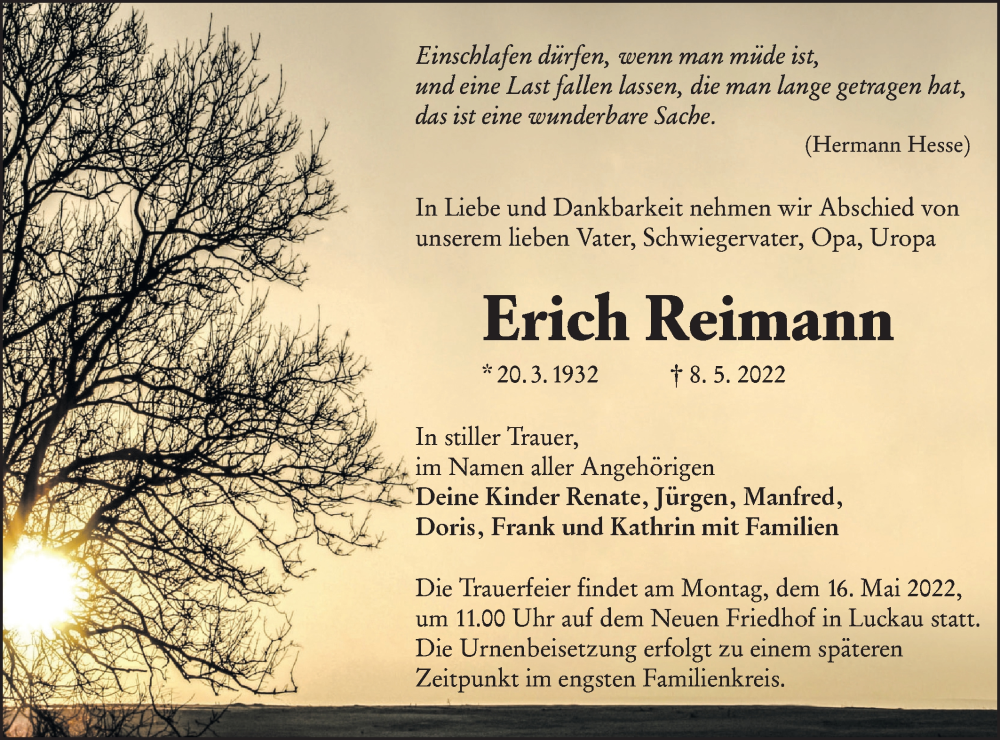  Traueranzeige für Erich Reimahn vom 14.05.2022 aus lausitzer_rundschau