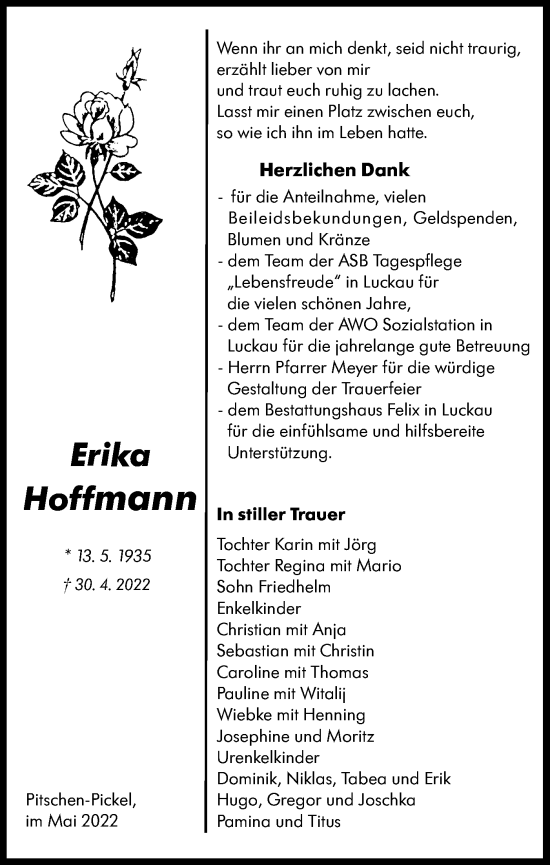 Traueranzeige von Erika Hoffmann von lausitzer_rundschau