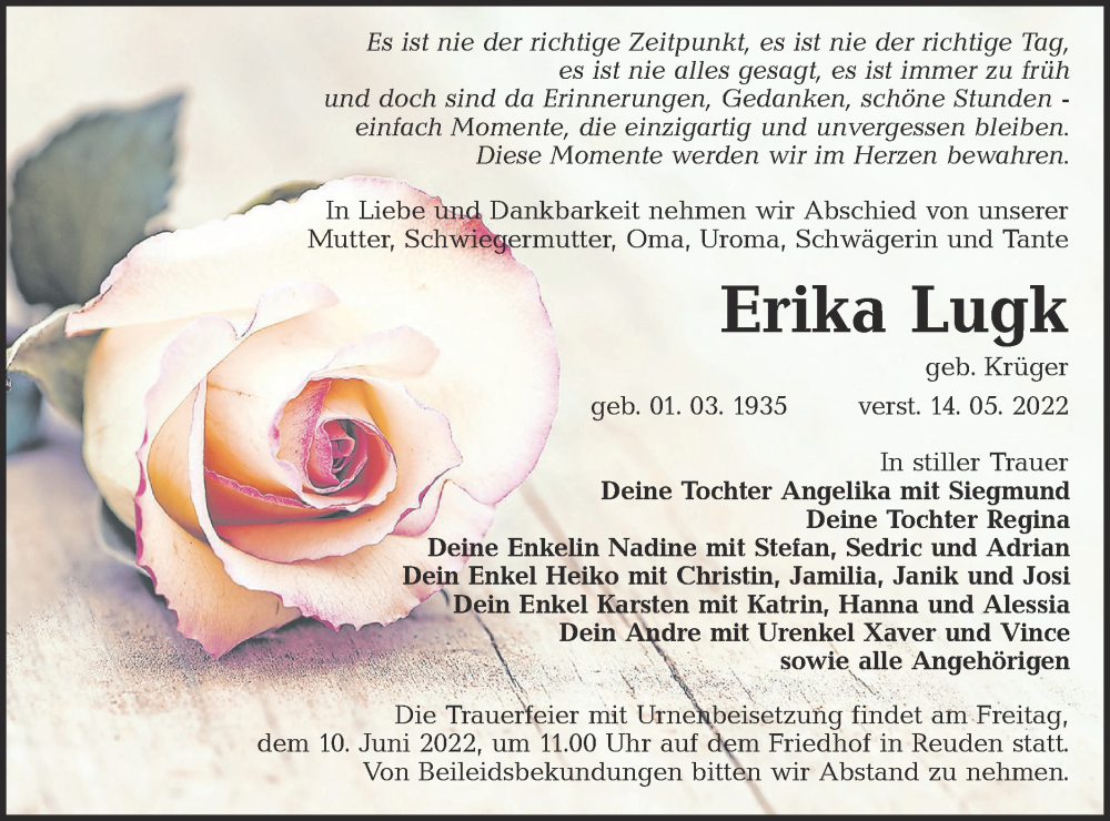  Traueranzeige für Erika Lugk vom 21.05.2022 aus lausitzer_rundschau