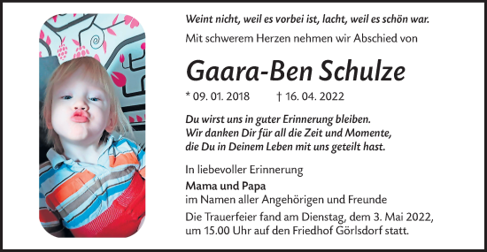 Traueranzeige von Gaara-Ben Schulze von lausitzer_rundschau