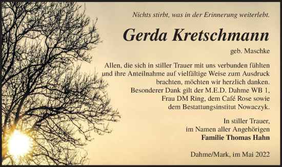 Traueranzeige von Gerda Kretschmann von lausitzer_rundschau