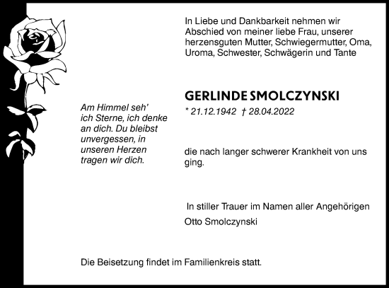 Traueranzeige von Gerlinde Smolczynski von lausitzer_rundschau
