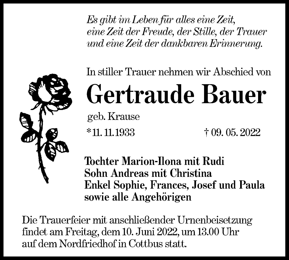  Traueranzeige für Gertraude Bauer vom 14.05.2022 aus lausitzer_rundschau