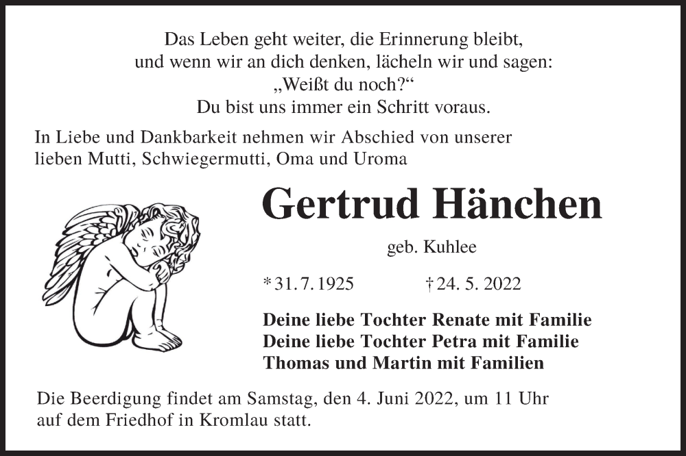  Traueranzeige für Gertrud Hänchen vom 28.05.2022 aus lausitzer_rundschau
