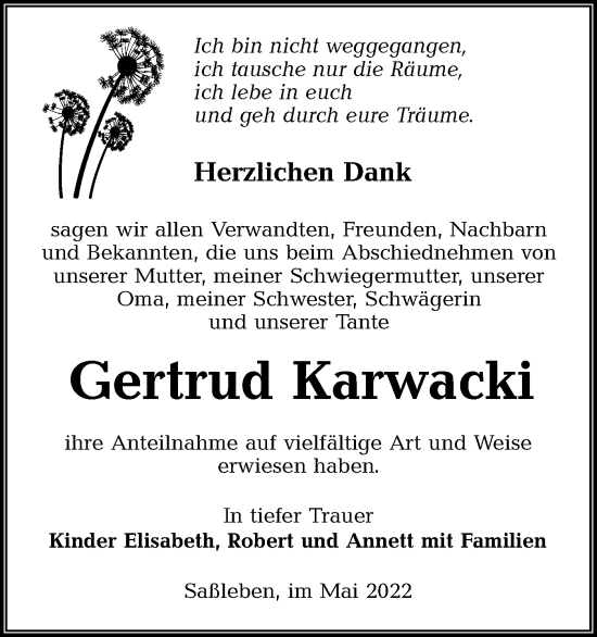 Traueranzeige von Gertrud Karwacki von lausitzer_rundschau