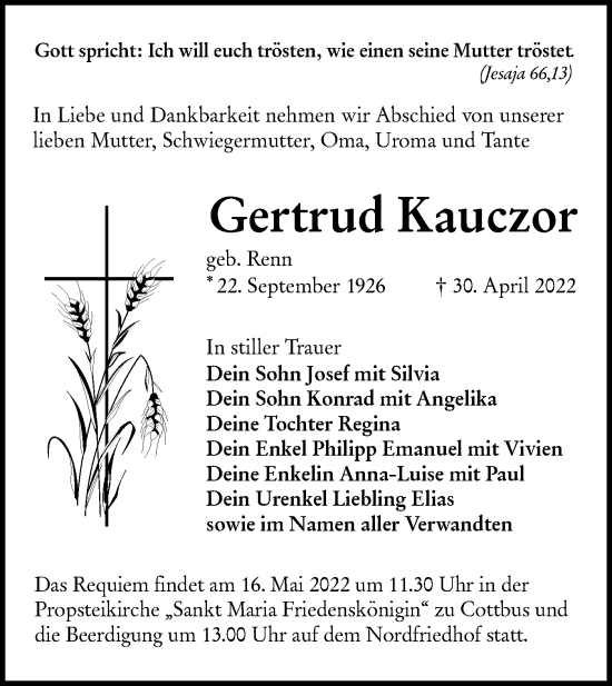 Traueranzeige von Gertrud Kauczor von lausitzer_rundschau