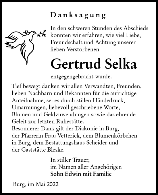 Traueranzeige von Gertrud Selka von lausitzer_rundschau