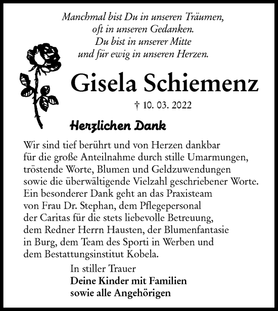 Traueranzeige von Gisela Schiemenz von lausitzer_rundschau