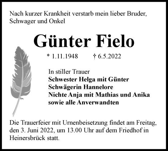 Traueranzeige von Günter Fielo von lausitzer_rundschau