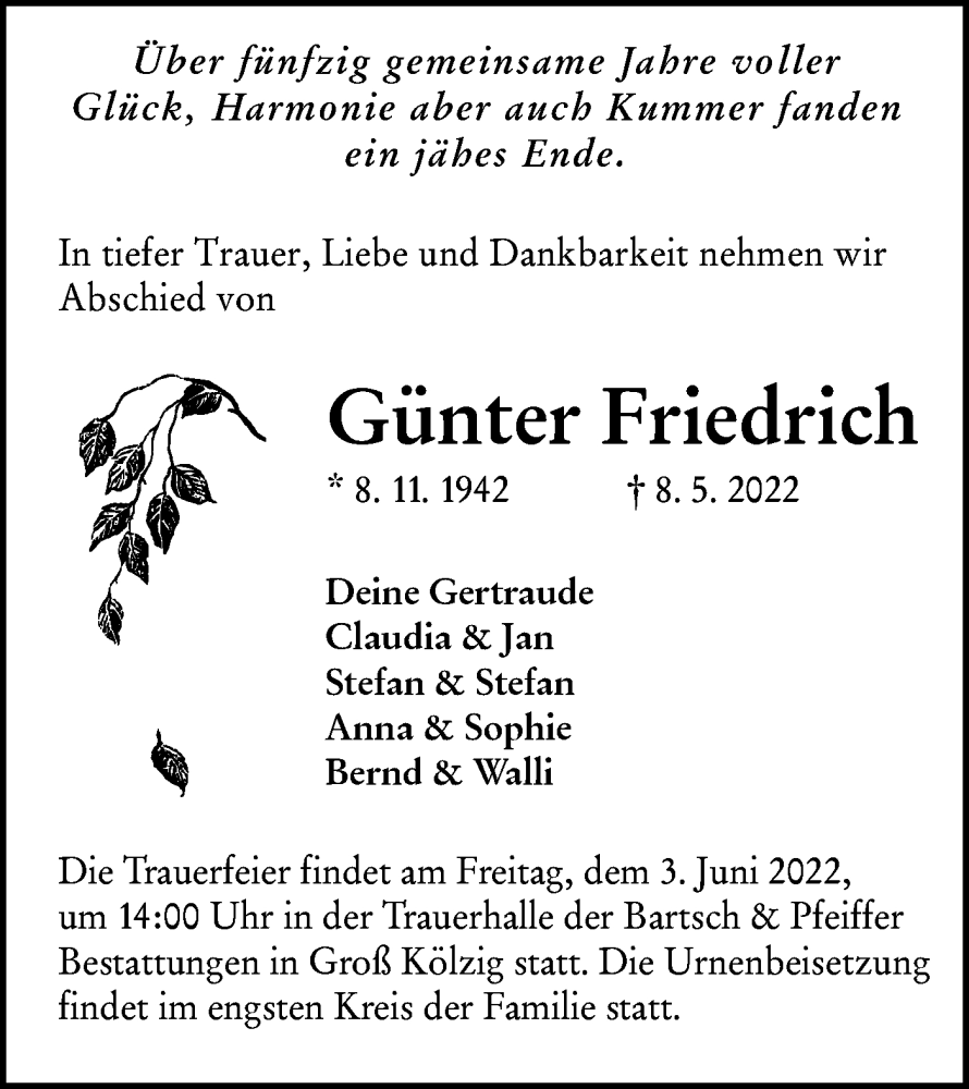  Traueranzeige für Günter Friedrich vom 20.05.2022 aus lausitzer_rundschau