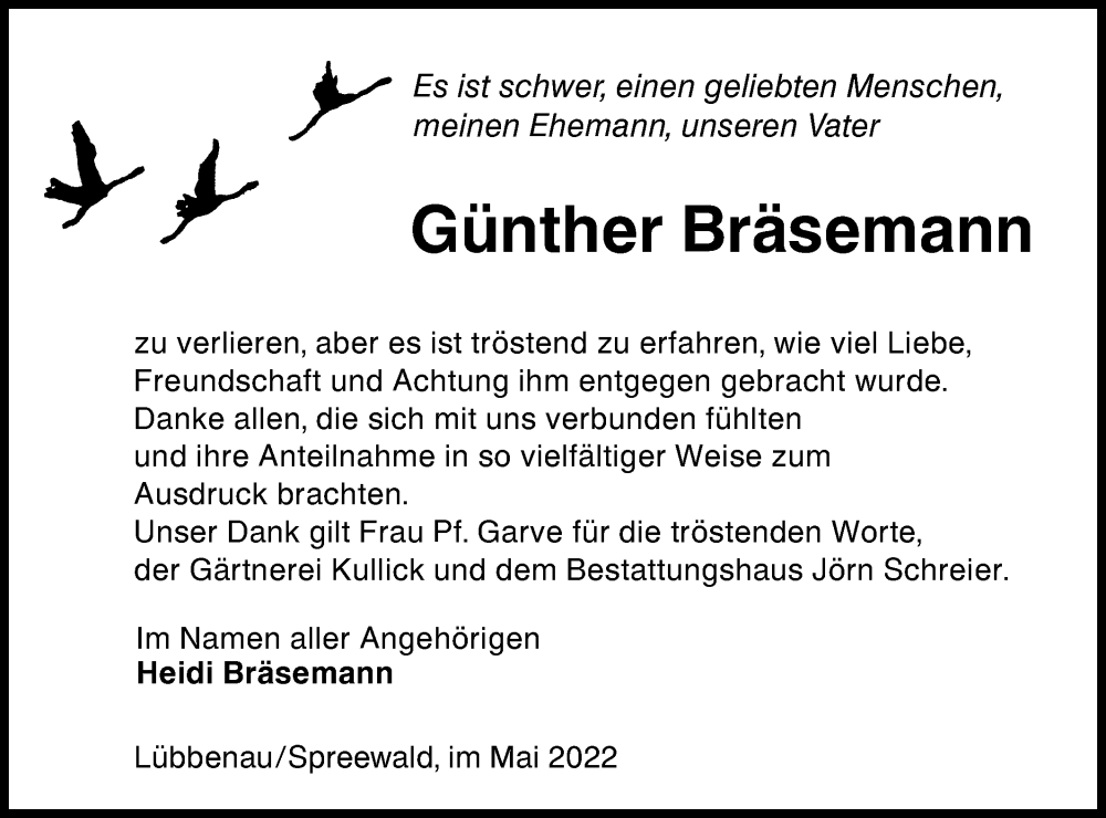  Traueranzeige für Günther Bräsemann vom 07.05.2022 aus lausitzer_rundschau