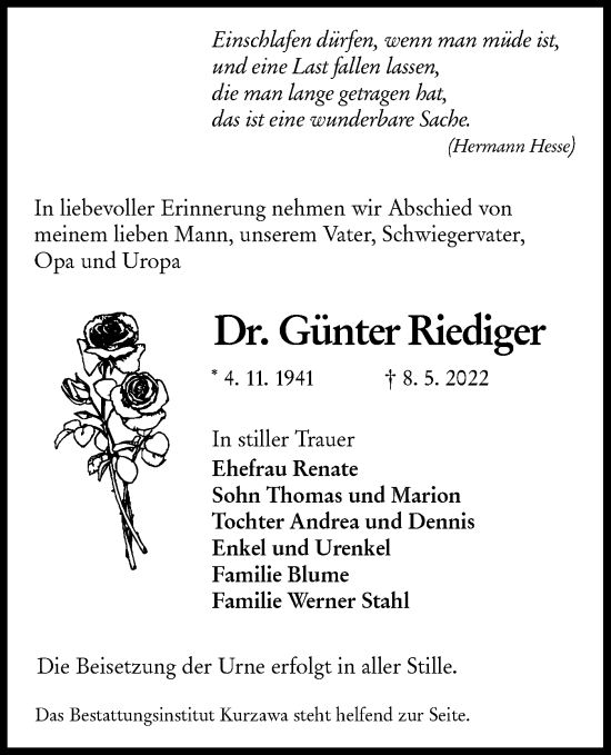 Traueranzeige von Gunter Riediger von lausitzer_rundschau