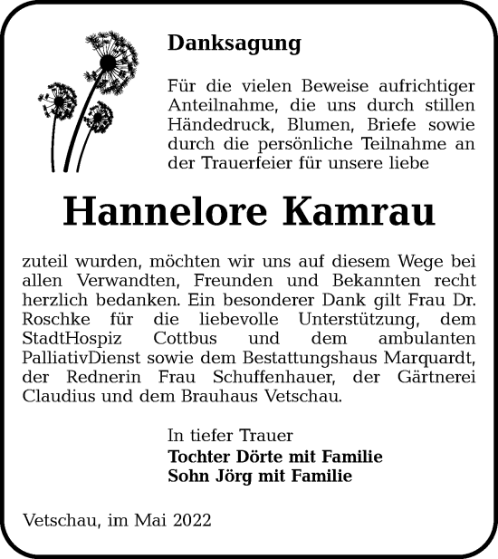 Traueranzeige von Hannelore Kamrau von lausitzer_rundschau