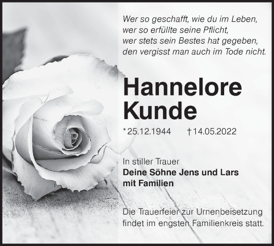 Traueranzeige von Hannelore Kunde von lausitzer_rundschau
