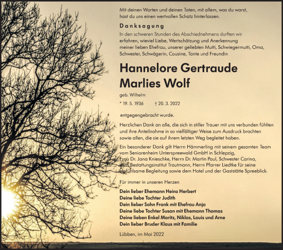Traueranzeige von Hannelore Gertraude Marlies Wolf von lausitzer_rundschau