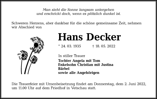 Traueranzeige von Hans Decker von lausitzer_rundschau