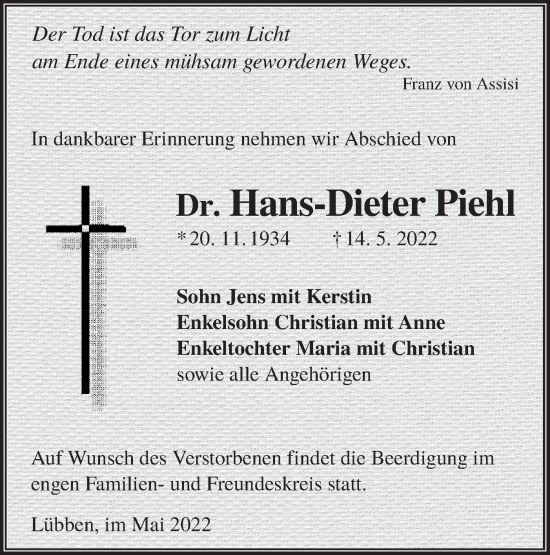 Traueranzeige von Hans-Dieter Piehl von lausitzer_rundschau