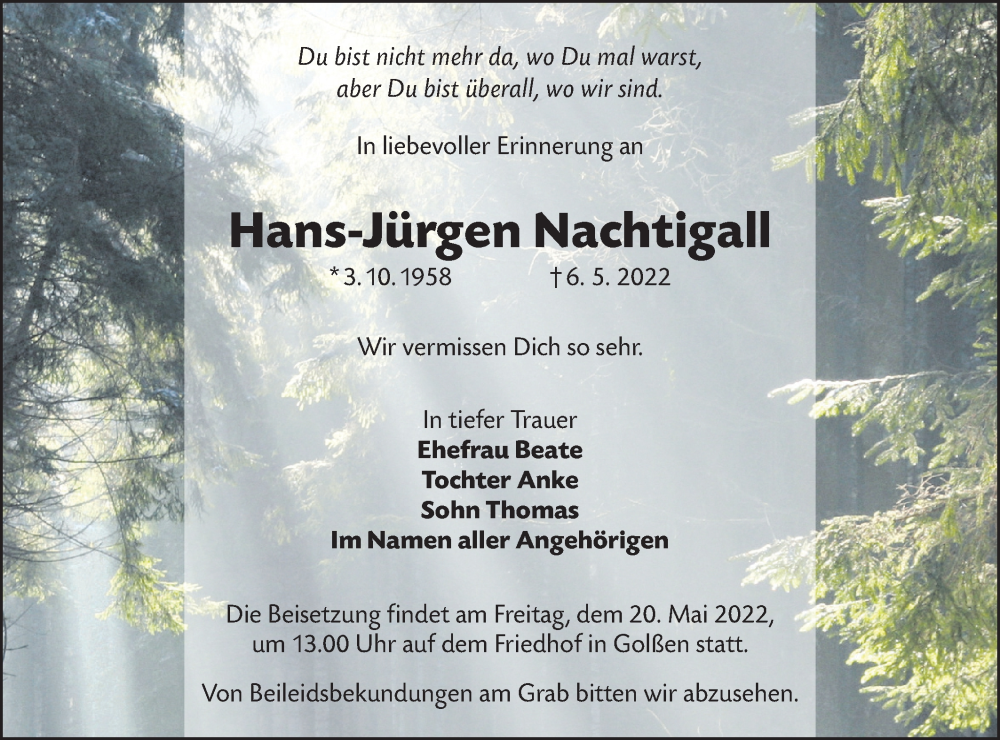  Traueranzeige für Hans-Jürgen Nachtigall vom 14.05.2022 aus lausitzer_rundschau