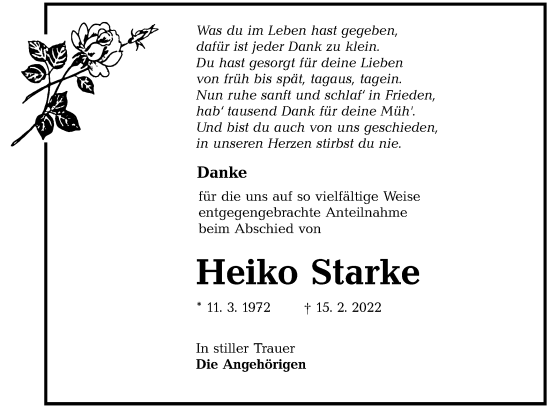 Traueranzeige von Heiko Starke von lausitzer_rundschau