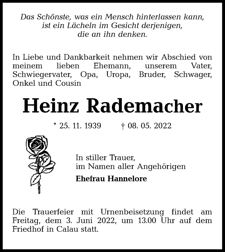  Traueranzeige für Heinz Rademacher vom 14.05.2022 aus lausitzer_rundschau