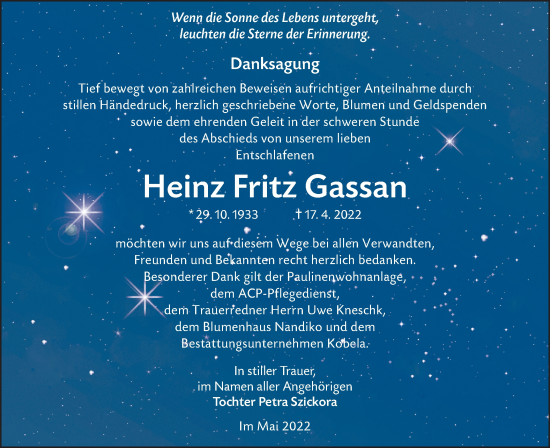 Traueranzeige von Heinz Fritz Gassan von lausitzer_rundschau