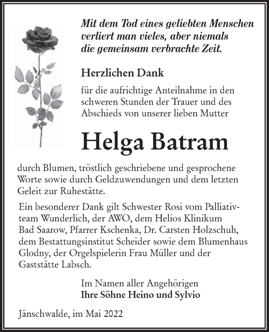 Traueranzeige von Helga Batram von lausitzer_rundschau