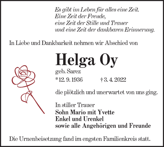 Traueranzeige von Helga Oy von lausitzer_rundschau
