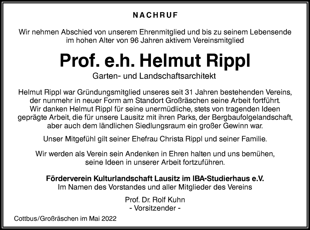  Traueranzeige für Helmut Rippl vom 21.05.2022 aus lausitzer_rundschau
