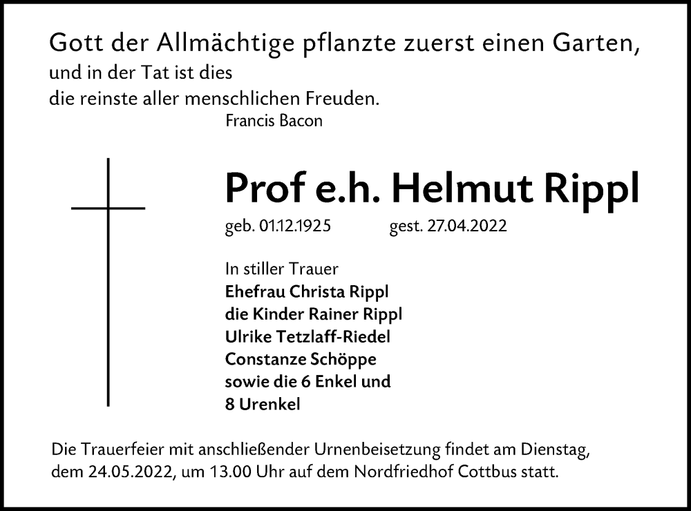  Traueranzeige für Helmut Rippl vom 11.05.2022 aus lausitzer_rundschau