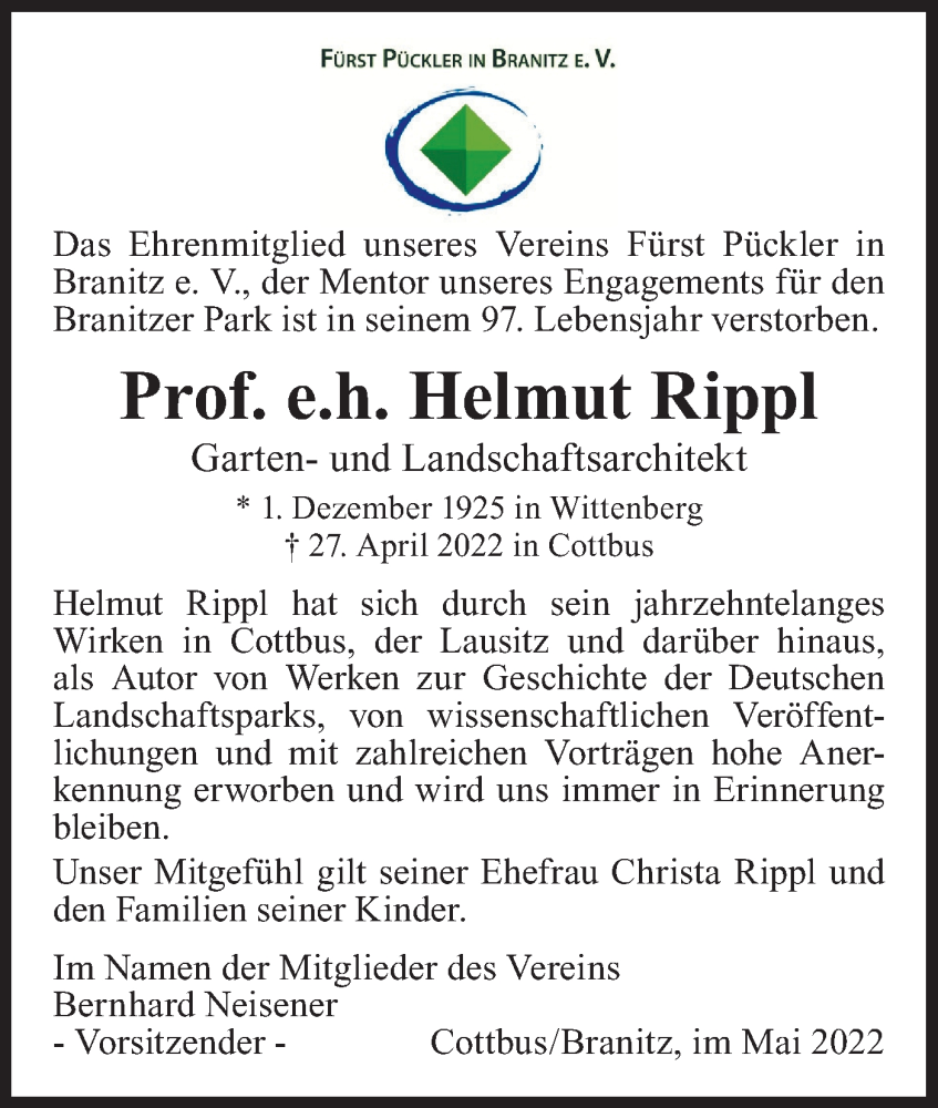  Traueranzeige für Helmut Rippl vom 14.05.2022 aus lausitzer_rundschau