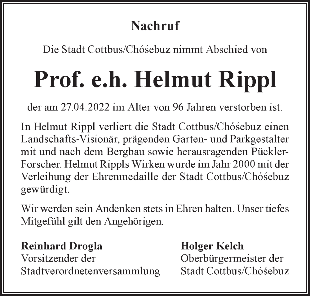  Traueranzeige für Helmut Rippl vom 12.05.2022 aus lausitzer_rundschau