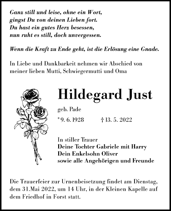Traueranzeige von Hildegard Just von lausitzer_rundschau