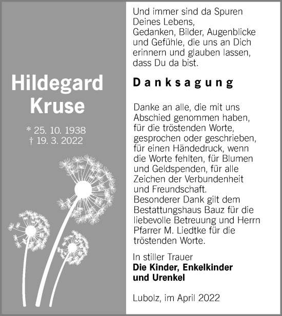 Traueranzeige von Hildegard Kruse von lausitzer_rundschau