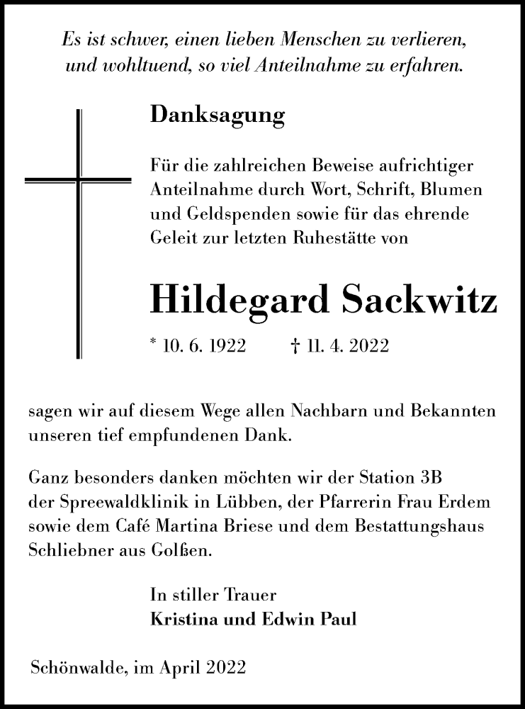  Traueranzeige für Hildegard Sackwitz vom 21.05.2022 aus lausitzer_rundschau