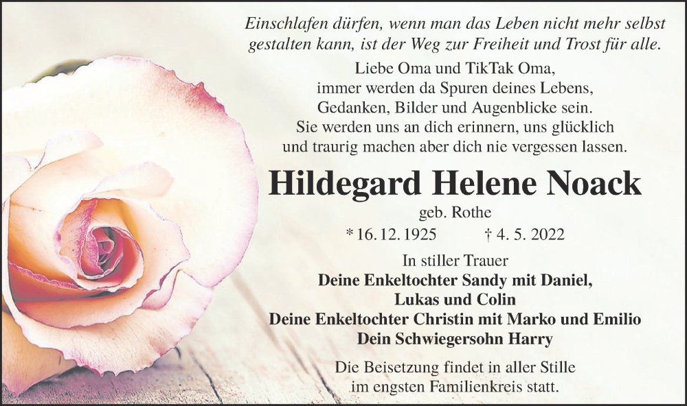  Traueranzeige für Hildegard Helene Noack vom 21.05.2022 aus lausitzer_rundschau