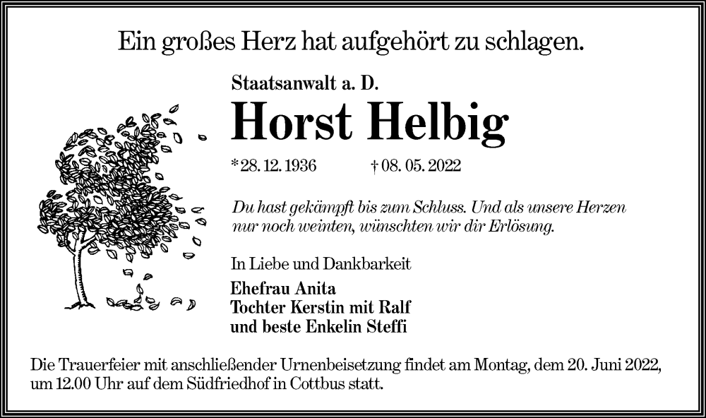  Traueranzeige für Horst Helbig vom 28.05.2022 aus lausitzer_rundschau