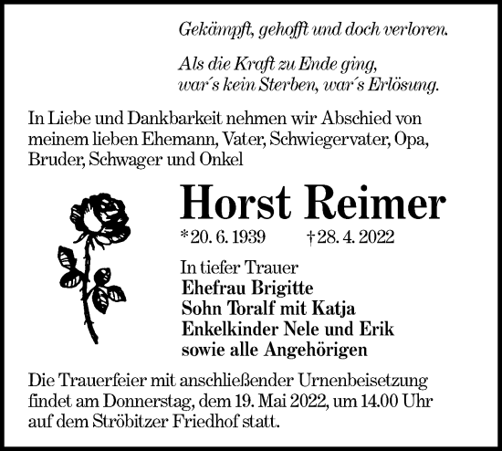 Traueranzeige von Horst Reimer von lausitzer_rundschau