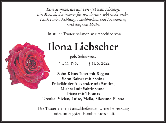Traueranzeige von Ilona Liebscher von lausitzer_rundschau