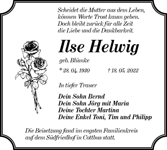 Traueranzeige von Ilse Helwig von lausitzer_rundschau